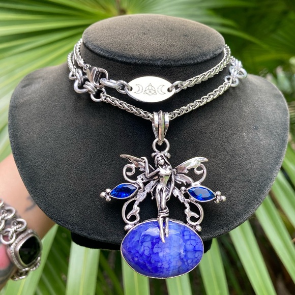 925 sterling silver overlay fairy charm blue Sapphires & agate gems necklace - Picture 13 of 14